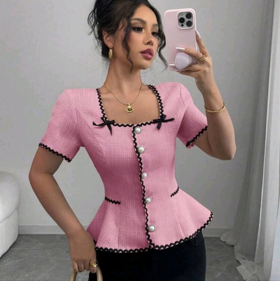 Women's Square Neck Flared Waist Bowknot Ruffle Trim Short Sleeve Blouse - Picture 2 of 4